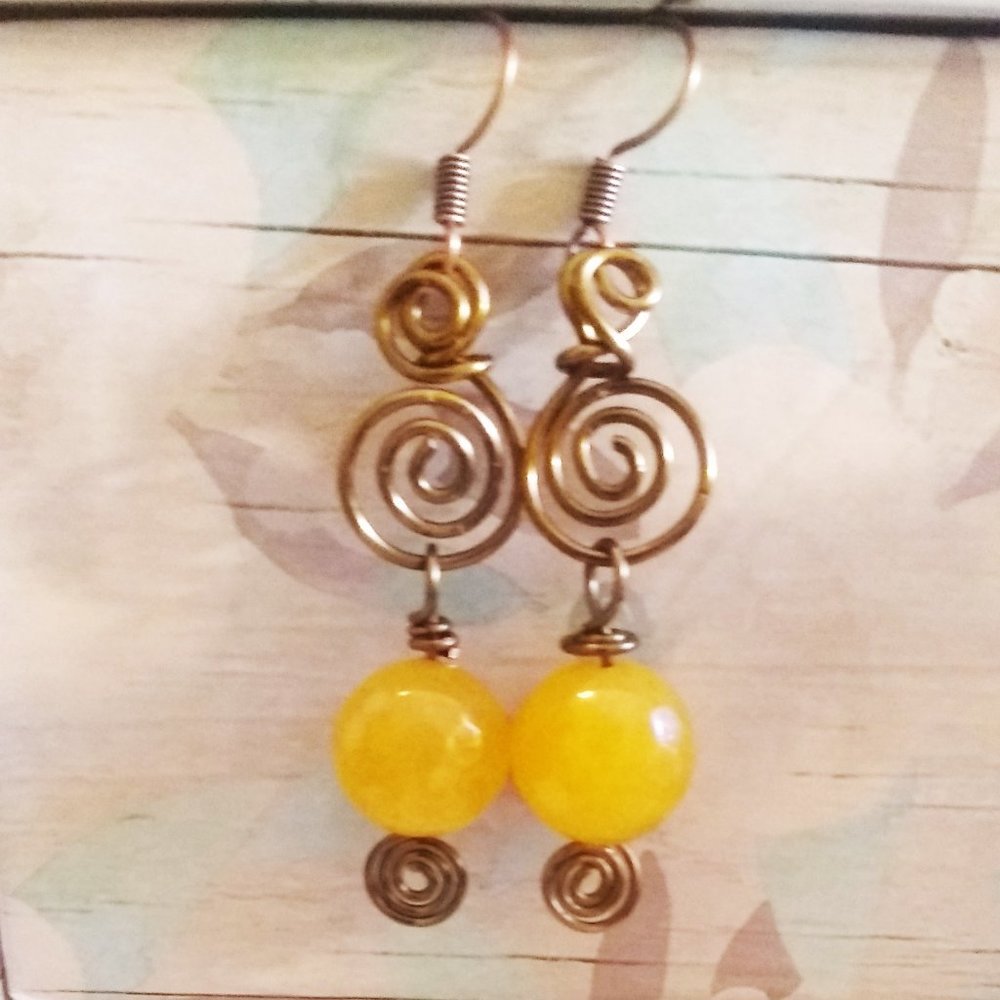 Handcrafted Yellow Agate + Wire Art Statement Earrings - Picture 2 of 10